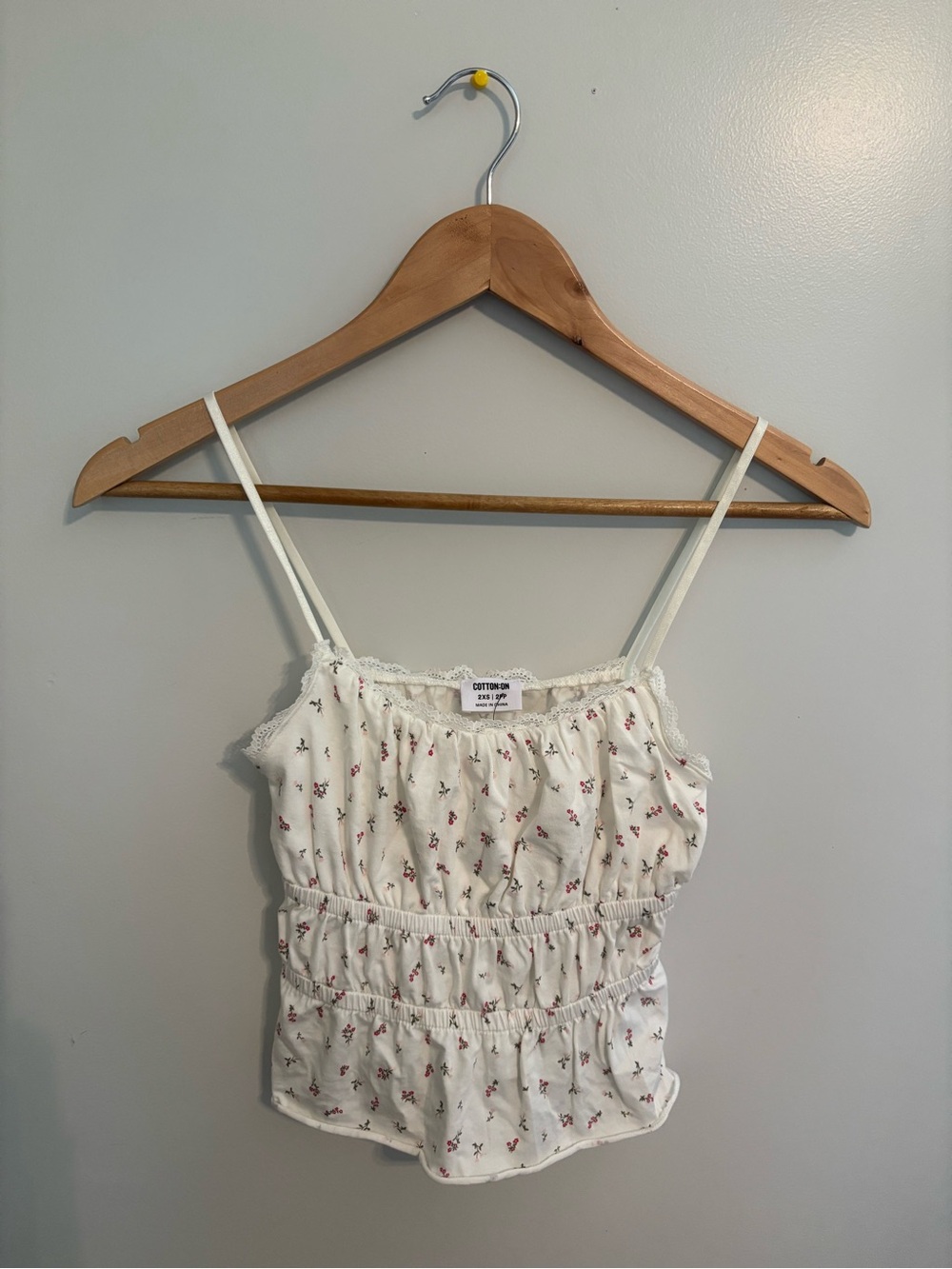 Cotton On White Floral Smocked Cami with Red Accent
